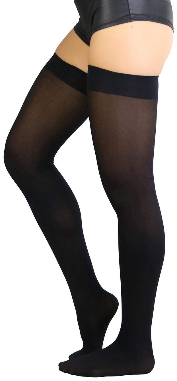 3051 Opaque Nylon Thigh Highs - Black - Plus